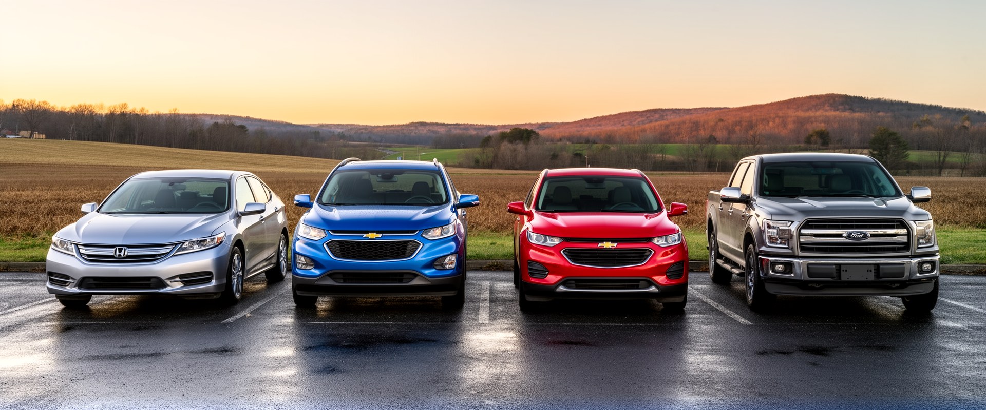 A Honda sedan, a Chevrolet SUV, a Chevrolet crossover and a Ford pickup lined up on the lot at the end of the day